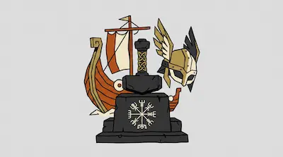 A Viking longship, a winged helmet, and a hammer resting on a stone base with a runic symbol.