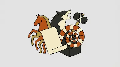 A stylized graphic featuring an eight-legged horse, a howling wolf, a hammer, a coiled serpent, and a scroll.