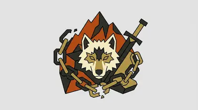 A geometric graphic of a wolf's head in front of an orange mountain, framed by a sword and a broken chain.
