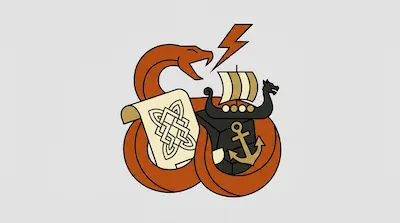 An orange snake coils around a scroll with a knot design, a Viking longship, and an anchor, with a lightning bolt above its head.