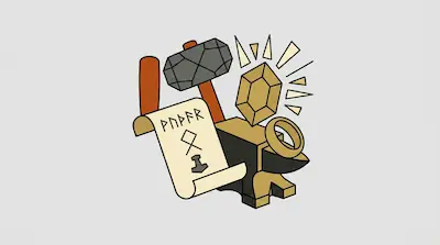 A stone hammer, a golden anvil, a ring, a glowing gemstone, and a scroll with runes are grouped together.