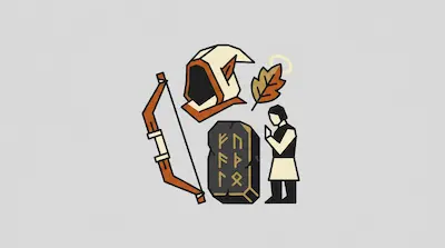 A collection of stylized icons including a bow, a hooded cloak, a leaf with a halo, a runic stone, and a person praying.