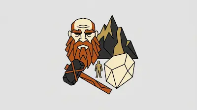 Flat illustration of a bearded dwarf head, a stone hammer, and jagged mountains on a light gray background