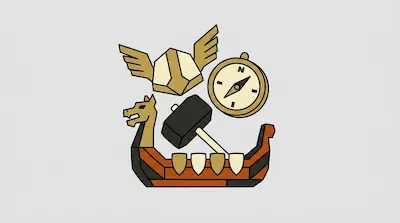 A stylized Viking longship, a winged helmet, a compass, and a hammer.