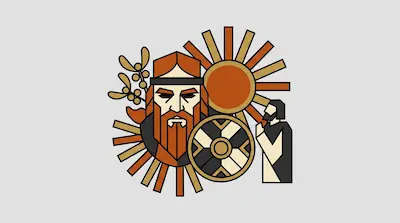 Flat illustration of a bearded warrior, a round shield, and a sun symbol in earth tones on a light gray background