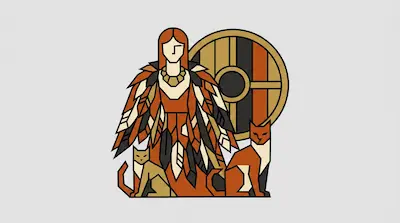 A woman with long red hair wearing a feathered cloak stands between two cats in front of a large circular shield.