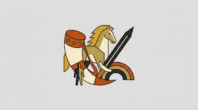 Flat illustration of a stylized horse, a large horn, and a sword with a small human figure on a gray background