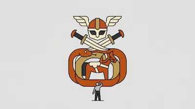 A stylized emblem featuring a winged helmet, crossed swords, and a snake encircling a horse, with a small person standing below.