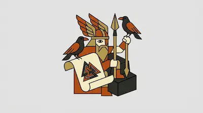 A geometric illustration of a bearded figure with a winged helmet and one eye, holding a spear and a scroll with interlocking triangles, accompanied by two ravens.