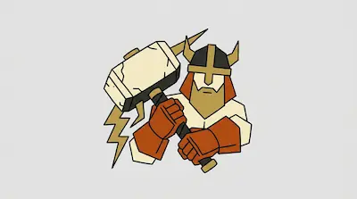 A stylized Viking figure with a horned helmet and beard holds a large hammer with a lightning bolt attached.