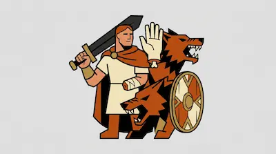 A warrior with a bandaged arm holds a sword next to a snarling wolf, a round shield, and a severed hand.