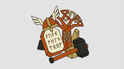 A winged helmet, a runestone, a stylized tree with knotwork, and a large hammer are grouped together.