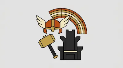 A winged helmet, a gold hammer, a black throne, and a striped rainbow arc.