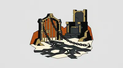 A dark stone throne sits next to a bone-adorned gate with heavy chains extending across a cracked white floor.