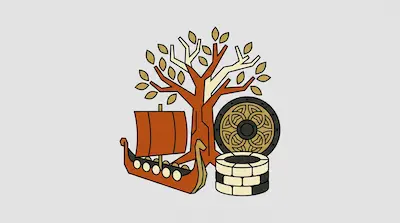A stylized tree with golden leaves stands behind a Viking longship, a patterned round shield, and a stone well.