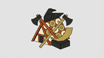 A stylized graphic featuring a black raven, two crossed axes, a shield-covered roof, and a drinking horn.
