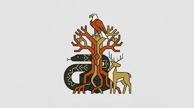 A geometric tree with an eagle perched on top, a snake coiled at the base, and a deer standing to the right.