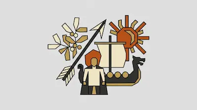 A geometric composition featuring a Viking longship, a cloaked figure, a sun, an arrow, and a sprig of leaves.