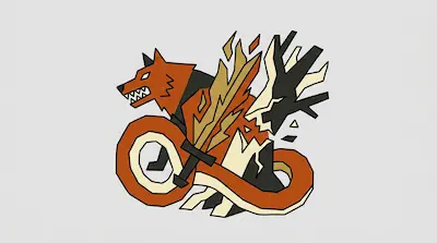A stylized orange wolf head with a golden sword and a coiled tail, surrounded by jagged black and cream shapes.