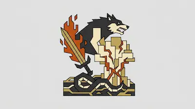 A geometric illustration of a wolf head, a flaming sword, a cracked stone pillar, and a coiled snake.