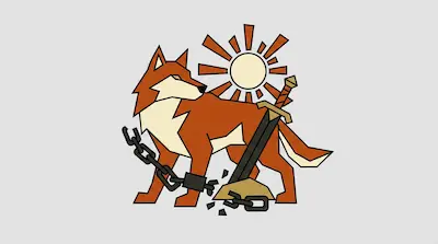 A stylized orange fox with a broken chain on its leg stands next to a sword with a sun behind it.