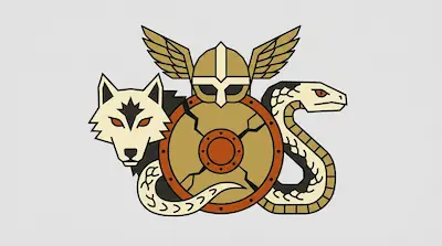 A winged Viking helmet sits atop a cracked round shield, flanked by a wolf's head and a coiled snake.