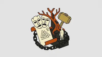 A stylized graphic featuring two masks, a scroll with a geometric symbol, a bare orange tree, a large hammer, and a small figure encircled by a heavy chain.