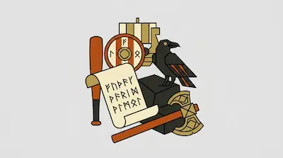 A collection of geometric icons including a Viking shield, a scroll with runes, a raven, and a battle axe.