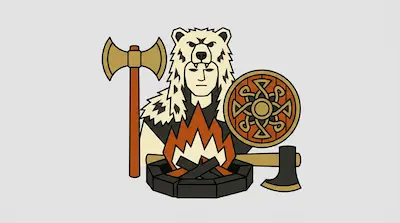 A warrior wearing a bear pelt headdress stands behind a campfire, flanked by a double-headed axe and a round shield.