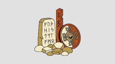 A runestone, a wooden post with runes, and a round shield with a knotwork pattern sit behind a pile of smooth stones.