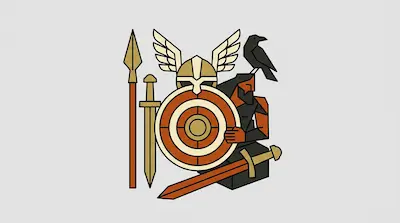 A geometric graphic of a bearded figure with a winged helmet, a round shield, swords, a spear, and a raven.