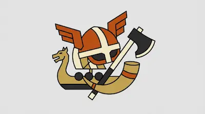 A winged Viking helmet, a battle axe, a longship, and a drinking horn in a stylized, geometric design.