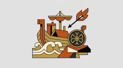 A stylized geometric longship on waves with a flaming arrow flying toward it.