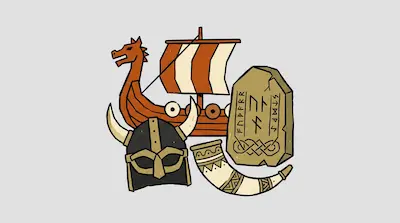 Flat illustration of a Viking longship, a horned helmet, a runestone, and a drinking horn on a light gray background