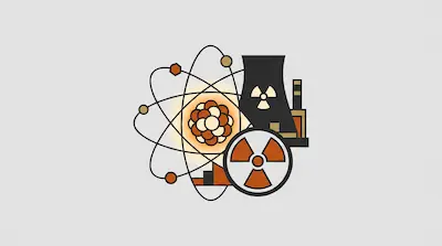 An atom with orbiting electrons is positioned next to a nuclear cooling tower and a radiation warning symbol.