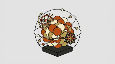 A cluster of orange, tan, and cream spheres and geometric shapes sits on a dark rectangular base, surrounded by thin black orbital lines.