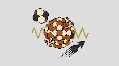 A large cluster of spheres breaks apart, with smaller groups, a single sphere with an arrow, and wavy lines moving away from the center.