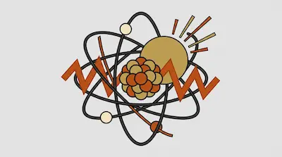 A stylized atom with a nucleus of orange and tan spheres, black orbital rings, and a large tan circle with radiating lines, overlaid with a thick orange zigzag line.