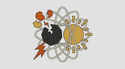 A stylized atom with a sun on the right and a cracked dark shape with lightning and floating shards on the left.