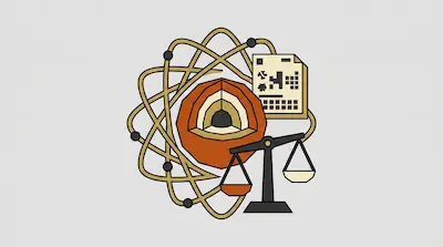 An atom symbol, a cross-section of a layered sphere, a document with a grid, and a balance scale.