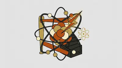 A stylized atom with a lightning bolt striking its nucleus, set against a backdrop of baseball bats and a staircase.