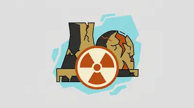 A cracked nuclear cooling tower and dome with a radiation symbol in the foreground.