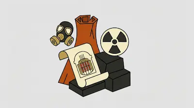 A gas mask, a cooling tower, a radiation symbol, a blueprint of a reactor core, and dark blocks.