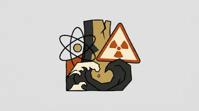 A stylized graphic featuring an atom symbol, a cracked cooling tower, a radiation warning sign, and dark waves.