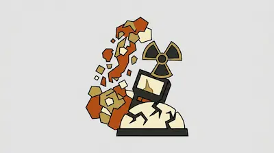 A Geiger counter with a radiation symbol on top sits on a cracked dome next to a pile of falling geometric blocks.