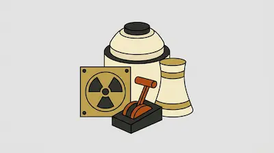A group of stylized objects including a cooling tower, a radiation symbol, a large container, and a lever.