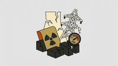 A group of damaged icons including a cracked cooling tower, a broken electricity pylon, a radiation symbol, and a pressure gauge.