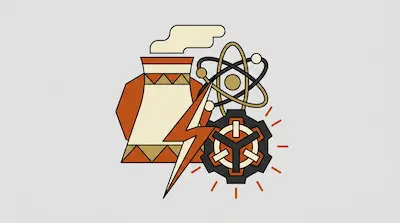 A stylized graphic featuring a cooling tower, an atom symbol, a lightning bolt, and a gear.