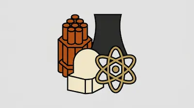 A graphic featuring a cooling tower, fuel rods, a containment dome, and an atom symbol.