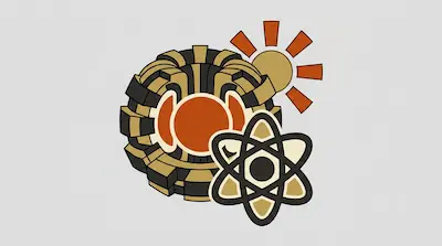 A stylized graphic featuring a cross-section of a toroidal device with an orange core, a sun icon, and an atom symbol.